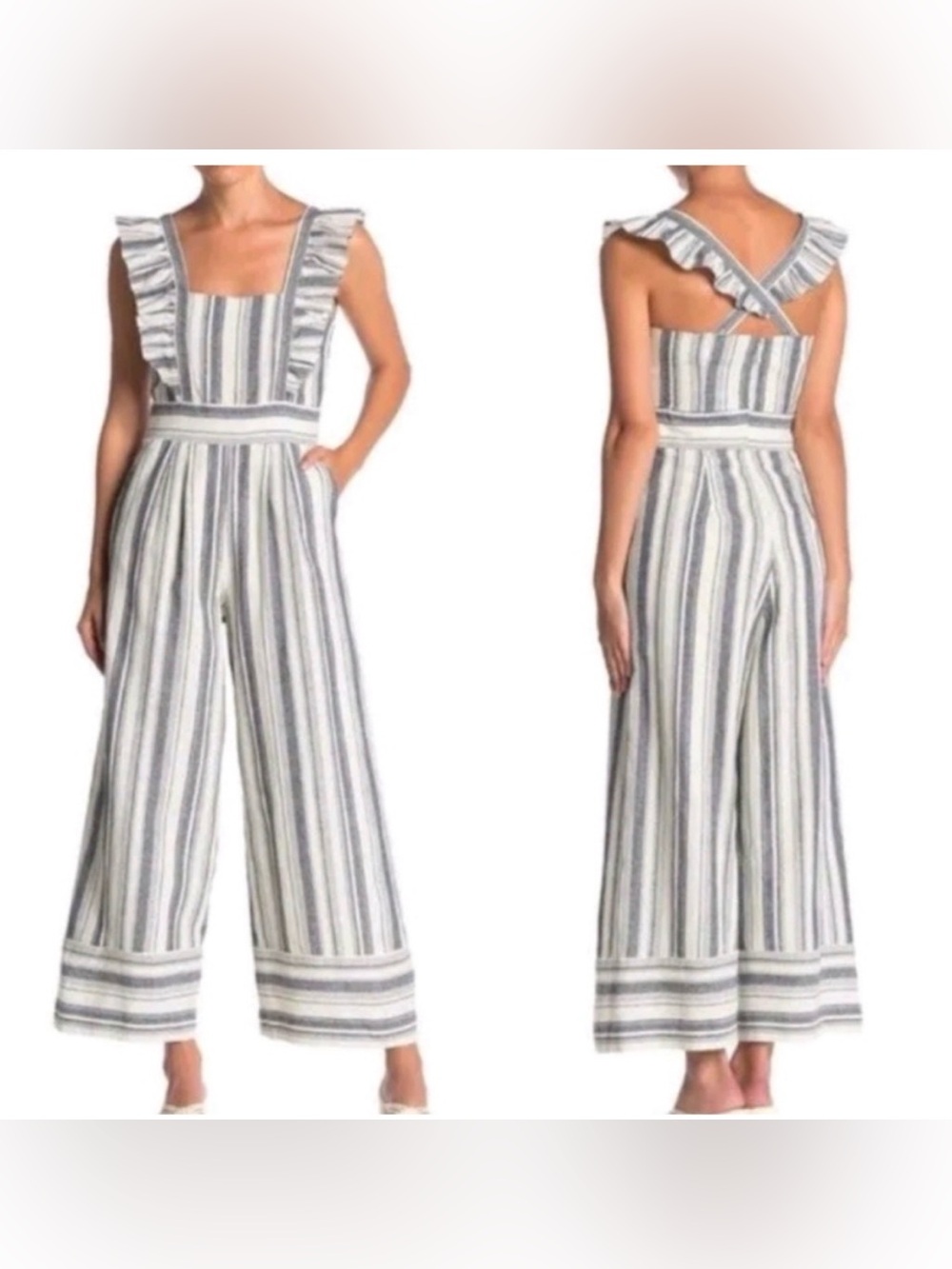 Ella Moss Linen Blend Blue Cream Ruffled Strap Wide Leg Jumpsuit Size 28
